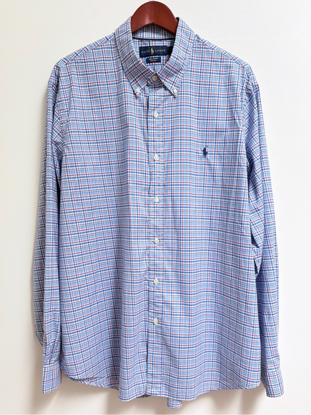 Ralph Lauren Light Blue Red Plaid Button-Down Shirt 100% Cotton Stretch